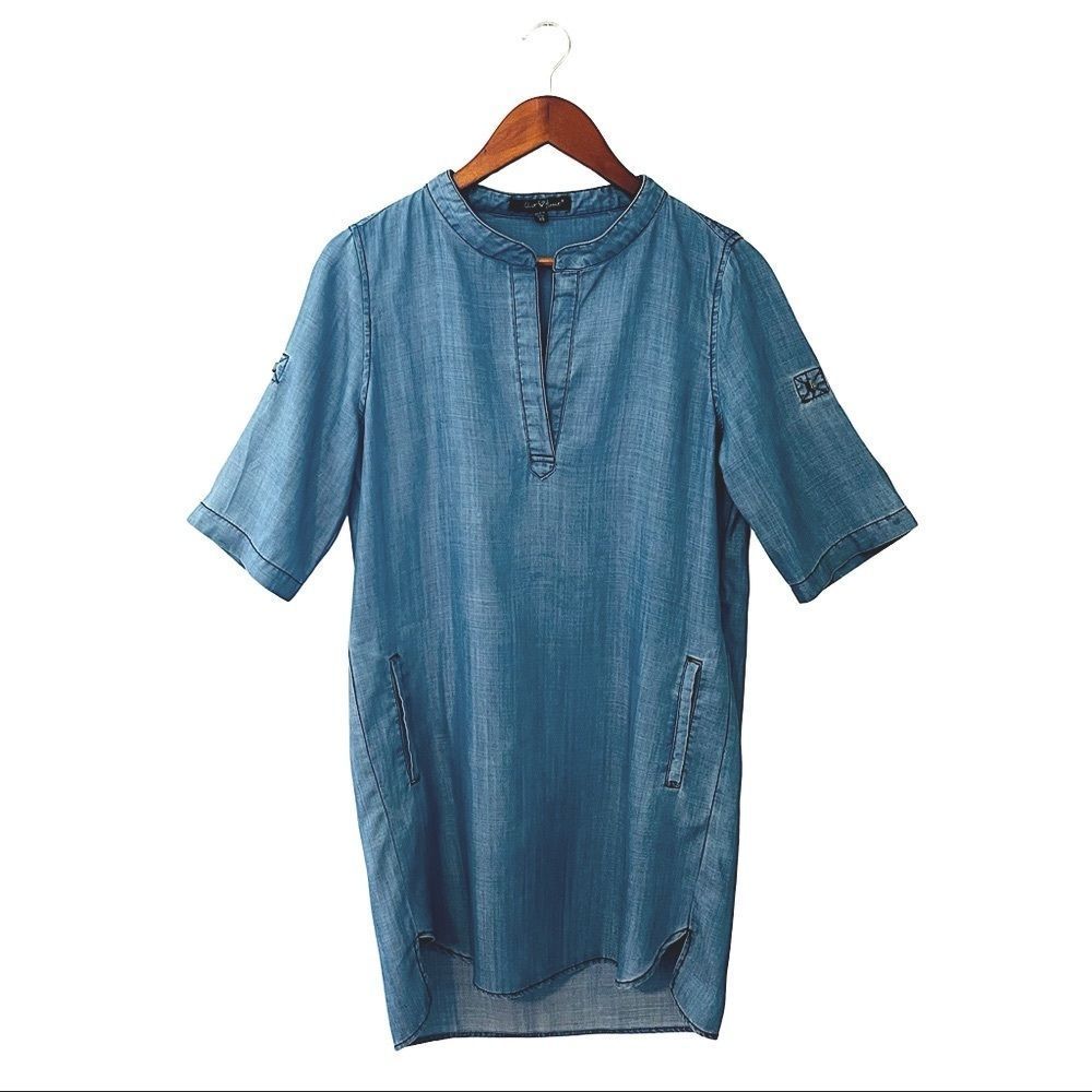 Velvet Heart V-Neck Denim Dress with RollUp Sleeve